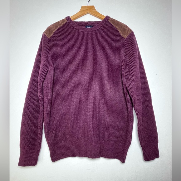 J.Crew Men’s Woodsman Crew Neck Suede Shoulder Patch Chunky Knit Sweater Sz XL - Picture 1 of 5